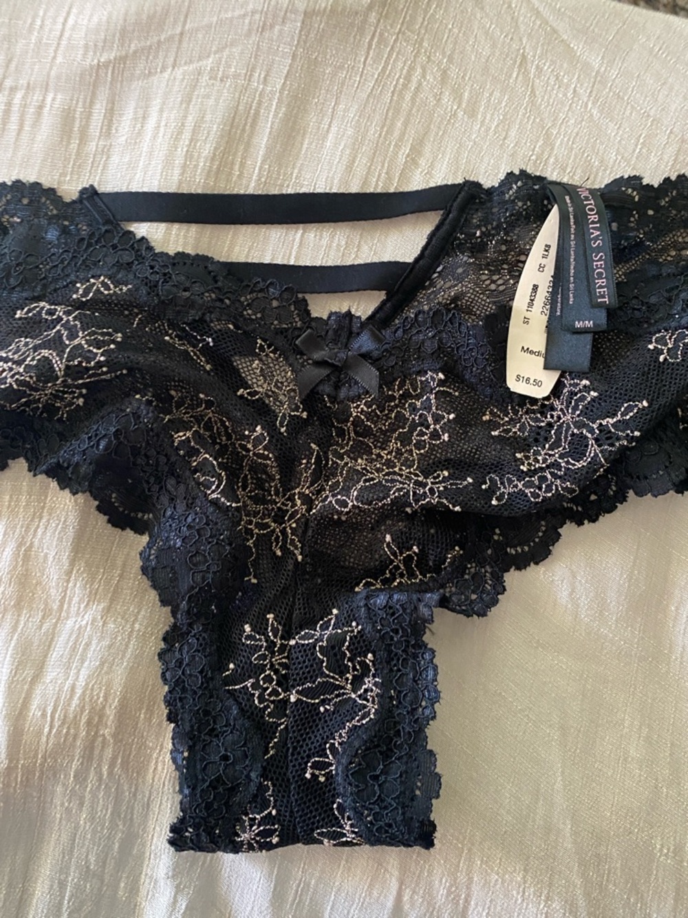 Victoria's Secret Black Lace Bikini Panty with Silver Embroidered Floral Detail